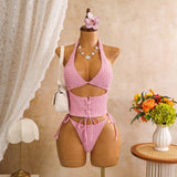 Sexy Pink Plaid Print Bikini Set 2026 Women Bandage Cross Fishbone Top 3 Piece Swimsuit Summer Bathing Suit Holiday Swimwear