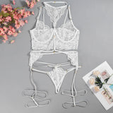 Porn 3pcs Lace Underwear Set Women Sexy Lingerie Halter Bra and Panties Garter Intimate Erotic Babydolls Sex Costumes