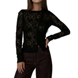 Women Long Sleeve Round Neck Spring Fall Lace Tops Slim Fit Solid Color Oblique Button Up T-shirts
