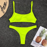 Sexy Neon Yellow Ribbed Brazilian Bikini Women Swimwear Female Swimsuit Two-pieces Bikini Set High Cut Bather Bathing Suit Swim