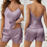 Summer Lace Satin Pajamas Set for Women Sexy Pajama Sets Backless Deep V Sleepwear Short Sleeve Cami Shorts Set