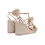 Flower Square Toe High-Heeled Shoes for Women, Slope Heels, Summer Gold One-Piece Sandals High-End Grass Woven Sandals for Women