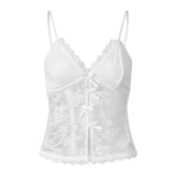 2026 Summer Women Vest Split-Front Bows Spaghetti Strap Lace Tank Tops Sleeveless Camisole Out Going Retro Streetwear