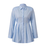 Women's Spring Autumn Solid Color Back Tie-up Tops Long Sleeve Turn Down Collar Casual Button Up Shirts