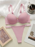 Pink Women Set Solid color daily lingerie set push up bra comfortable close fitting lingerie set Small chest appears larger 2051