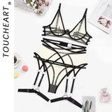 Toucheart 4 Piece Set Bra Set Nude See-Through Mesh Contrasting Color Hemmed Sexy Underwear For Women Girdle Garter Belt Suit
