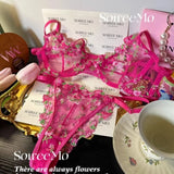 French Floral Lace Bra Set Push Up Underwire Large Bust Sheer Mesh See Through Sexy Bra Embroidery Demi Cup Lingerie Set MOYISU
