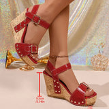 Fashion Buckle Chunky Wedges Sandals Women Red 9.5Cm High Heels Platform Sandles Woman Plus Size 43 Summer Thick Sole Sandalias