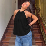 FDYOUI Women's Halter Off Shoulder Camisoles 2026 Summer Sexy Lace-up Backless Pink Tank Top Girls Loose Solid Tops Streetwear