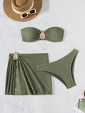 With Skirt Wrinkled Bandeau Bikini Female Swimsuit Women Swimwear Three-pieces Bikini Set Metal Ring Bathing Suit Swim Beachwear