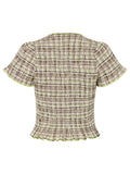 Women Casual Summer Plaid Print Shirred Tops Slim Mock Neck Short Sleeve Crop Ruffle T-shirts Streetwear
