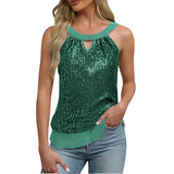 Women's Sequin Glitter Tank Tops Sleeveless Crew Neck Slim Fit Camisole For Holiday Backless Bow Tie Streetwear Party Club Vest