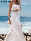 S - XL Bandeau Crochet Knitted 2 Pieces Suits Tunic Beach Cover Up Cover-ups Beach Dress Beach Wear Beachwear Female Women V8218
