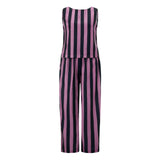 Women’s 2 Piece Summer Pant Outfits Sleeveless Plaid/Stripes Print Tank Tops + Pants Set Casual Streetwear