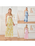 Women Floral Print Tie Backless Dress for Bohemian Party Evening Ring Cut Out Strapless Bodycon Long Dresses
