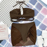 Wrap Around with Mesh Sarong Skirt Bikini Female Swimsuit Women Swimwear Three-pieces Bikini Set Beachwear Bathing Suit Swim