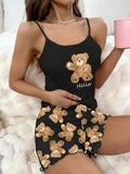 Cute Love Bear Printed Pajamas Set for Women's Sleepwear Loungewear Crop Tops and Shorts Home Wear Clothes