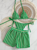 3PCS With Shorts Stripe Halter Fishnet Bikini Women Swimwear Female Swimsuit Three-pieces Bikini Set Bathing Suit Swim Beachwear