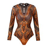 2025 Sexy Women's Retro Print Scoop Neck Padded Long Sleeve One Piece Swimsuits High Cut Bathing Suits Swimwear Bodysuit