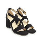Big Size Casual Women Sandals Black Flock 7cm High Square Heels Peep Toe Summer Cross Buckle Strap Party Office Red Lady Sandals