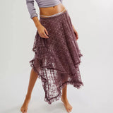 Women's Solid Color Midi Skirts Lace Elastic High Waist Skirts Spring Summer Sweet Irregular Hem Casual Skirts