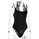 FDYOUI Women Sexy Sleeveless Lace Patchwork Pink Bodysuits 2026 Summer Halter Lace-up Backless One Piece Party Club Jumpsuit Top