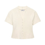 Women's Fashion Casual Structured Knit Jacket Women Beige V Neck Short Sleeve Textured Knit Cardigan Button Front Top Charm 17M0