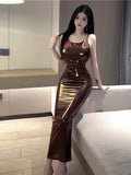 Sexy 2023 Summer Royal Sister Temperament backless Slim Long Lacquer Leather Fashion Solid color Wrap Hip Dress Women's KZCB