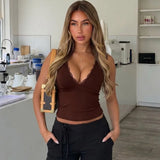 FDYOUI Deep V-neck Sleeveless Tank Tops Y2K Woman Clothes 2026 Summer Lace Patchwork T-shirt Girls Slim Corset Top Streetwear