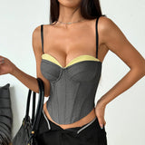 Fashion Retro Gray Splicing Tank Top Women Sexy Patchwork Slim Fit Fishbone Corset Elegant Bustier Hot Girl Party Club Tops Vest