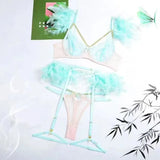 Toucheart 4 Piece Set Fun Lingerie For Women Feather Lace Splicing Chain Sexy Slim Mesh See-Through Sexy Lingerie Garters Suit