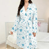 Women's Heart Printed Robe Soft Belted Kimono Bathrobe Mid Length Shower Spa Loungewear Cozy Long Sleeve Pajamas