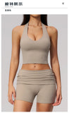 2PCS Yoga Set Women V-neck Cross Neck Shock-absorbing Sports Vest Workout Pleate Flip High Waist Shorts Gym Runing Fitness Suits