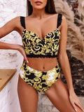 Printed Bra Cup Bandeau Bikinis Female Swimsuit High Waist Bikini Women Swimwear Two Pieces Bikini Set Push Up Bathing Suit Swim