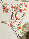 Sexy Flowers Printed V Shaped Bandeau Bikini Women Swimwear Female Swimsuit Two-pieces Bikini set Bather Bathing Suit Swim Lady