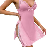 Women Summer Nightdress Backless Deep V Neck Spaghetti Strap Sleeveless Sleepwear Lace Trim Split Hem Nightie Night Slip Dress