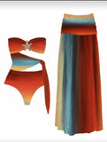 Vintage Blue Gradient Swimwear Pleate Long Skirt Bikini Set 2026 Women Bandeau Metal Starfish Bathing Suit One Piece Swimsuit