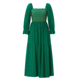 Women Spring Fall Long Dress Long Sleeve Dress Square Neck Embroidery Flower Loose Swing Dress Wit Pocket
