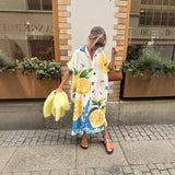 Lemon Print Shirt Dresses Women Fashion Short Sleeves Lapel Loose Single-breasted Shirts Long Dress Casual Lady Vacation Vestido