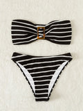 Striped Textured Bandeau Bikinis 2025 Women Sexy Swimsuit Push Up Swimwear Female Bathing Suit Swimming Summer Beachwear