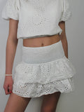 Shirred Mini Skirt A-Line Pointelle High Waist Layered Ruffle Skirt for Women 2024 Summer Solid Color Sweet Skirts