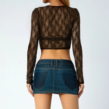 Sweet Sexy Girl Floral Lace See Through Cardigan Shirt Women Long Sleeve V Neck Slim Crop Top Beach Club Single Breasted Tops