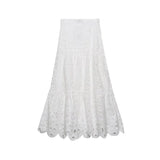 Spring Women Summer White Lace Dress Set Hollow Out Embroidery Shirt Skirt 2 Pcs Robe Outfits Single Breasting Cotton Maxi Dress