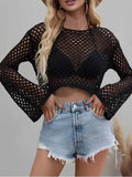 Mesh Crochet Beach Shirt Women Solid Cover Up Ladies Long Sleeve Tops 2026 Sexy Beachwear Bathers Swim Bathing Suit