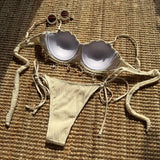 Sexy Ribbed Push Up Shell Pattern Bikinis Sets Two Pieces Plain Swimsuits Back Tie Swimwear Biquini Conjunto De Bikini Tankini