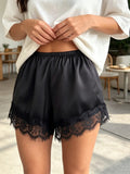 Summer Women’s Satin Lace Hem Shorts Elastic Waist Loose Fit Wide Leg Short Pants Casual Lounge Bottoms Solid Color