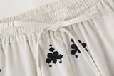 Foridol Geometric Pattern Embroidery Long Pants Women Wide Leg Beige Casual Summer Pants Elastic Waist Drawstring Pants 2025