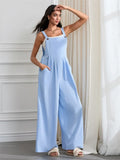 Women Fashion Jumpsuits Sleeveless Buttons Suspender Wide Leg Pant Overalls with Pockets Casual Loose Romper Streetwear