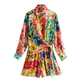 Foridol Floral Boho Tie Dyed Summer Long Sleeve Romper Playsuit Overall Beach Button Shirt Spring Wide Leg Romper Jumpsuit