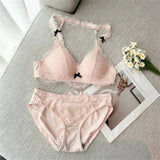 Deep V Halter Neck Bra Set French Style, Lace Push Up Bralette for Small Chest, Sexy Wireless Triangle Bra Set MOYISU Sexy Tushy